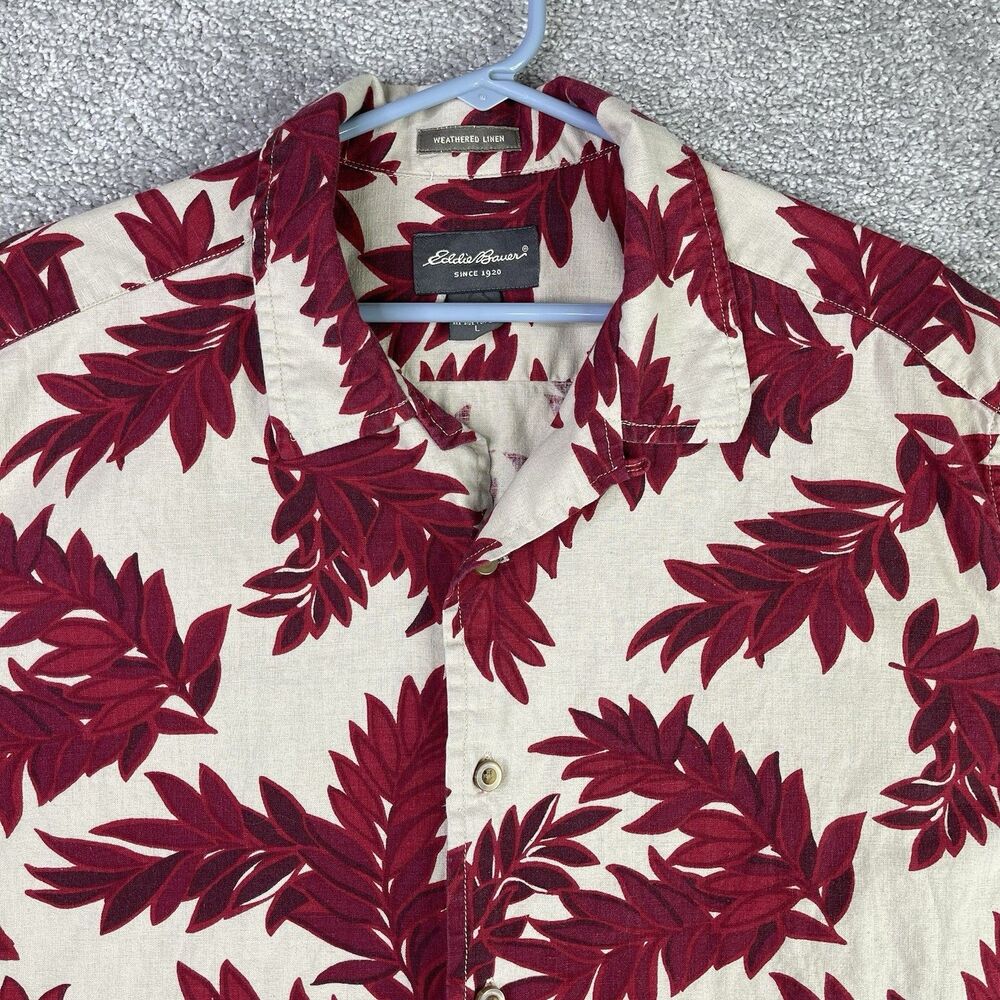 Eddie Bauer Weathered Linen Hawaiian Shirt Red Leaf Print Men's Large Button Up
